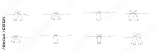 Christmas jingle bells set hand draw one single line banner. Vector stock illustration isolated on white background for design template winter greeting card, banner for sale. Editable stroke. 