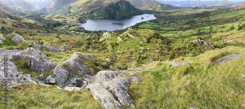 Panorama of Glanmore Lake from the Healy Pass in Kerry, Ireland.