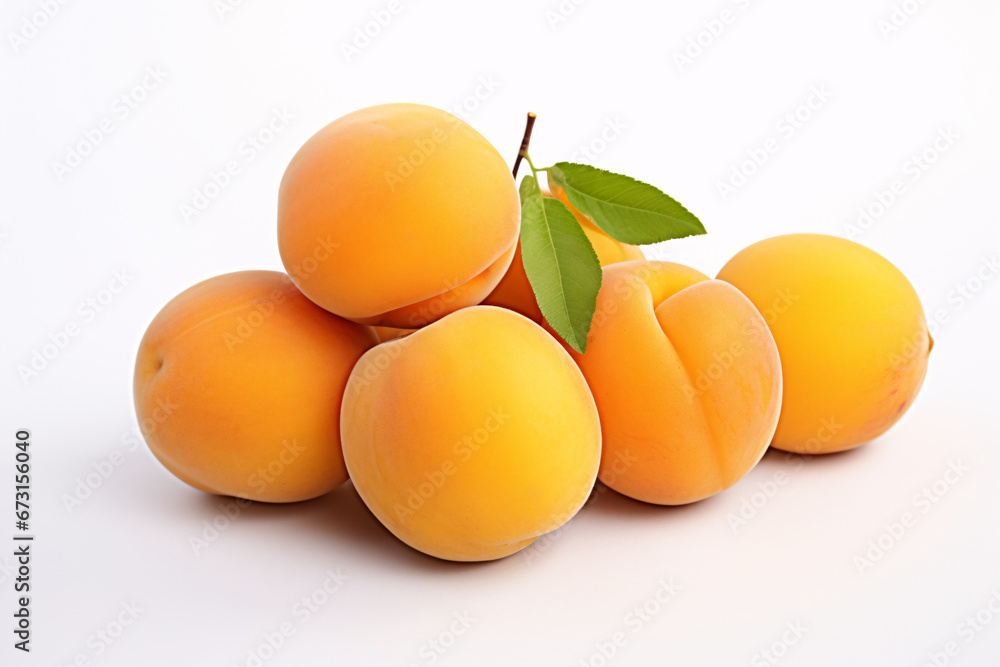 Heap of ripe apricots with a leaf on a white background. Natural and organic. Design for food market advertising, poster, or banner Heap of ripe apricots with a leaf on a white background. Natural and organic. Design for food market advertising, poster, or banner