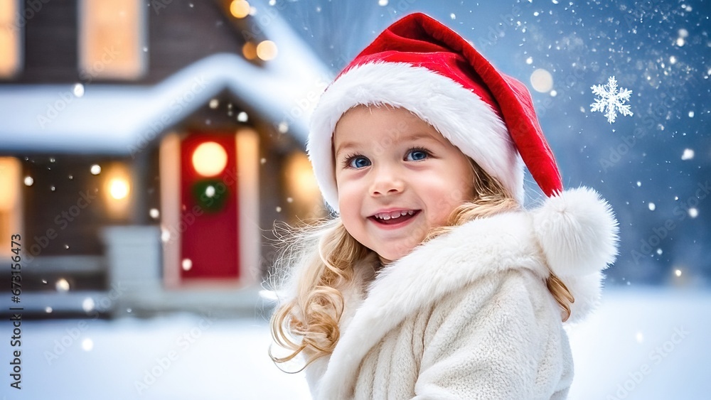 Joyful child in Santa hat and wearing Christmas dress, enjoying snowfall in a winter setting, perfect for Christmas-themed and festive family content. Generative AI. Joyful child in Santa hat and wearing Christmas dress, enjoying snowfall in a winter setting, perfect for Christmas-themed and festive family content. Generative AI.