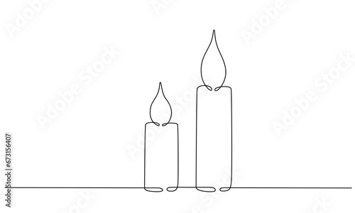 Christmas candles with burning flame. One continuous single line hand drawing art. Vector stock illustration isolated on white background for design template greeting card, invitation, editable stroke