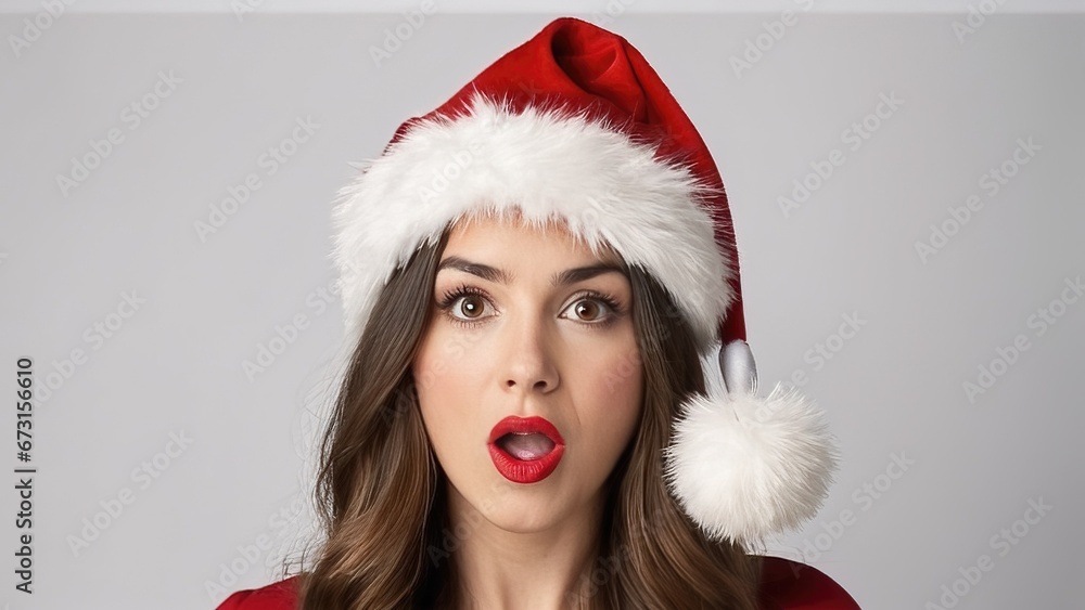 Surprised woman in Santa hat, ideal for vibrant Christmas and holiday season. Generative AI. Surprised woman in Santa hat, ideal for vibrant Christmas and holiday season. Generative AI.