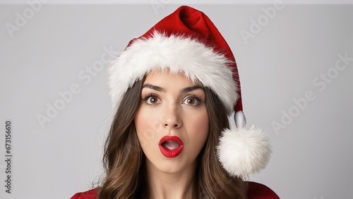 Surprised woman in Santa hat  ideal for vibrant Christmas and holiday season. Generative AI.