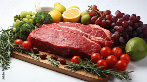 Fresh Beef Vegetables and Fruits Beef As The Main Body on Blurry Background