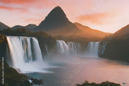 Beautiful natural landscape of waterfalls and mountains at dawn, landscape of waterfalls and mountains at dawn