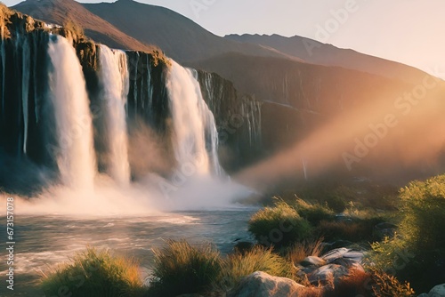 Beautiful natural landscape of waterfalls and mountains at dawn, landscape of waterfalls and mountains at dawn
