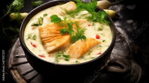 Bowl of Delicious Fish Creamy Soup on Blurry Background