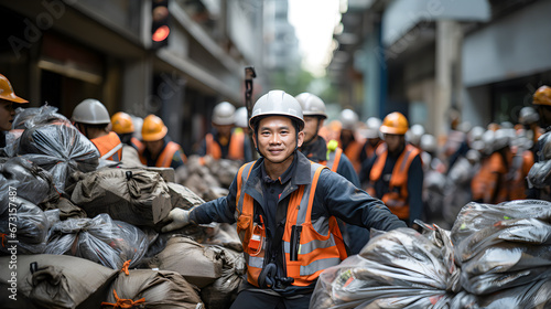 Asian workers wearing hard hats, protective vests and gloves separating and picking up plastic bags of garbage cleaning up the polluted city.