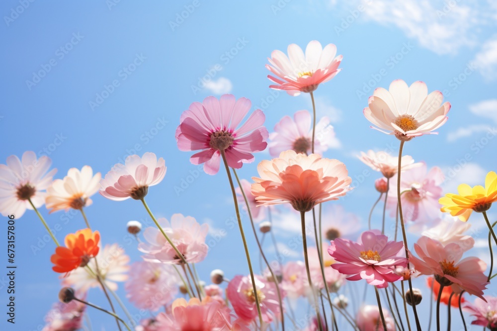 romantic spring summer background, fresh flowers against blue sky. Generative AI romantic spring summer background, fresh flowers against blue sky. Generative AI