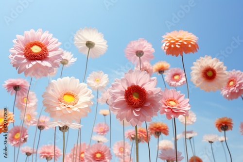 romantic spring summer background  fresh flowers against blue sky. Generative AI