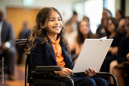 Photo of a girl in a wheelchair receiving recognition and an award at a school ceremony. Generative AI