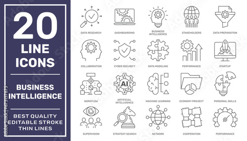 Business Intelligence related icons set. Business intelligence tools. Editable Stroke. EPS 10