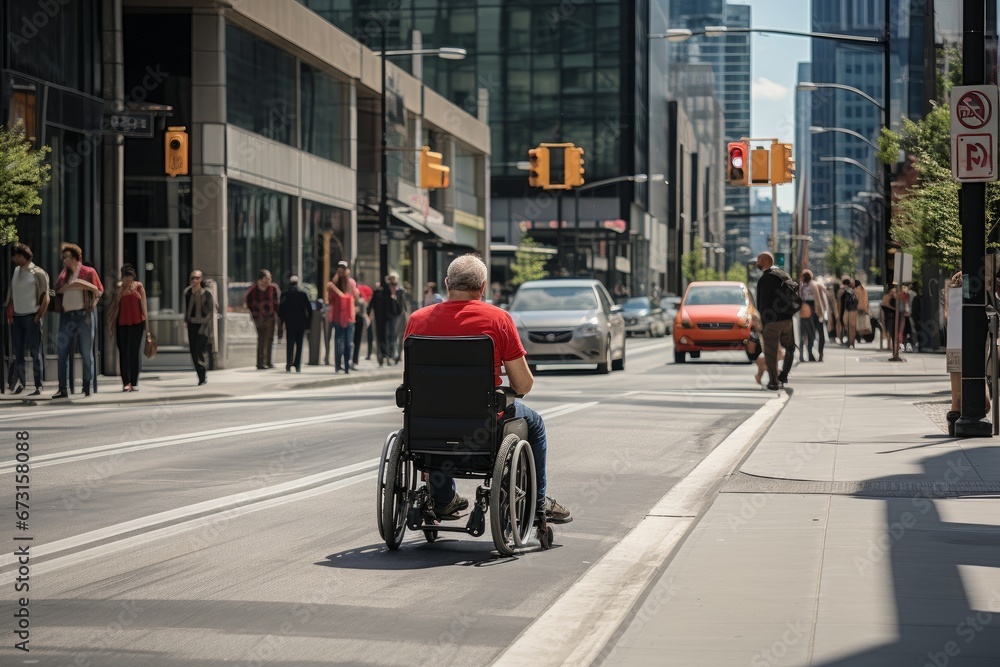 Photo of a man in a wheelchair crossing a city street at a designated accessible crosswalk. Generative AI