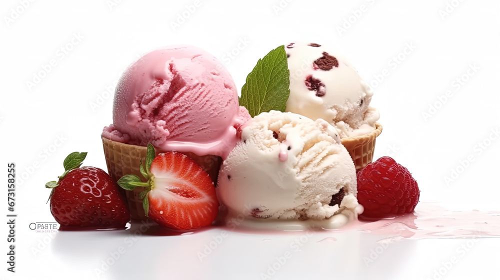 Chocolate Vanilla and Strawberry Ice Cream on White Selective Focus Background Chocolate Vanilla and Strawberry Ice Cream on White Selective Focus Background