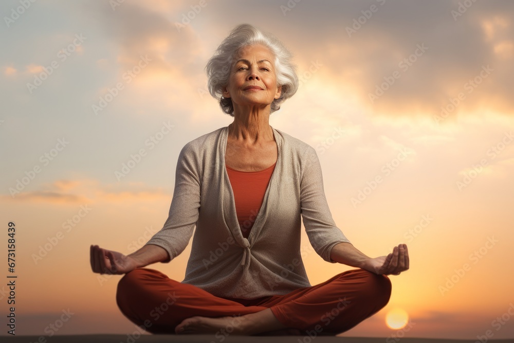 Photo of a senior woman practicing meditation and mindfulness. Generative AI
