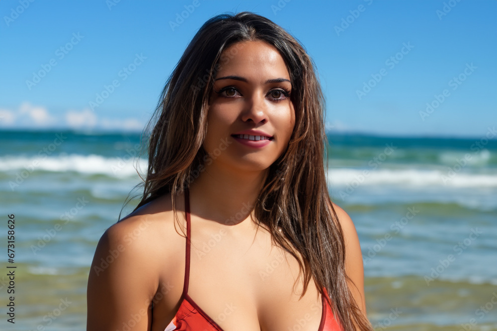 girl at sea. a young girl walks along the sea, a girl with long hair and a red swimsuit stands near the sea, a young girl walks along the beach near the sea