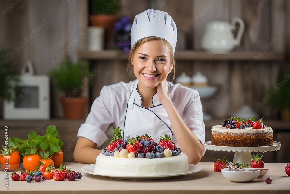 Young woman pastry chef in uniform appearance in kitchen in restaurant preparing cake and pastries. Young woman pastry chef in uniform appearance in kitchen in restaurant preparing cake and pastries.