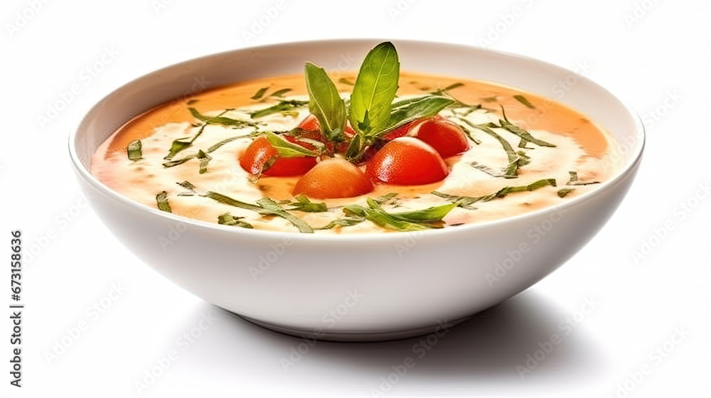Tomato Soup With Cream in Bowl on Blurry Background