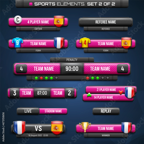 Football elements for broadcasting match. Sport scoreboard with time, information and result display. Vector template for your design.