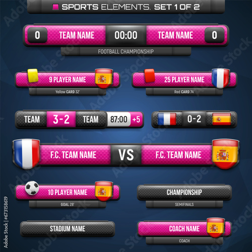 Football elements for broadcasting match. Sport scoreboard with time, information and result display. Vector template for your design.