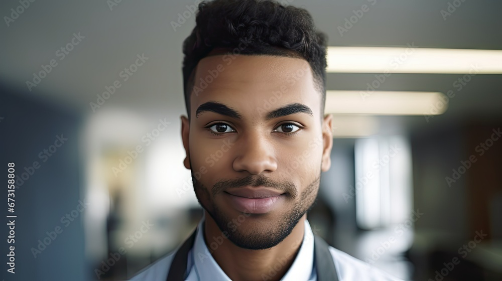 Fototapeta premium A Close-Up Face of a Confident Young Professional in a Modern Office