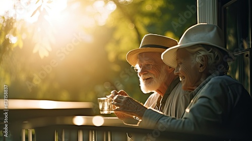 A Close-Up of a Contented Senior Couple Sipping Tea on a Porch Swing photo