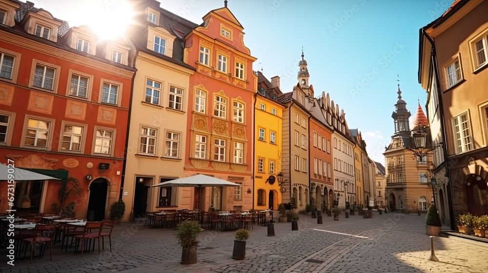 European City: Historic Architecture, Cobblestone Streets, and Outdoor Cafes