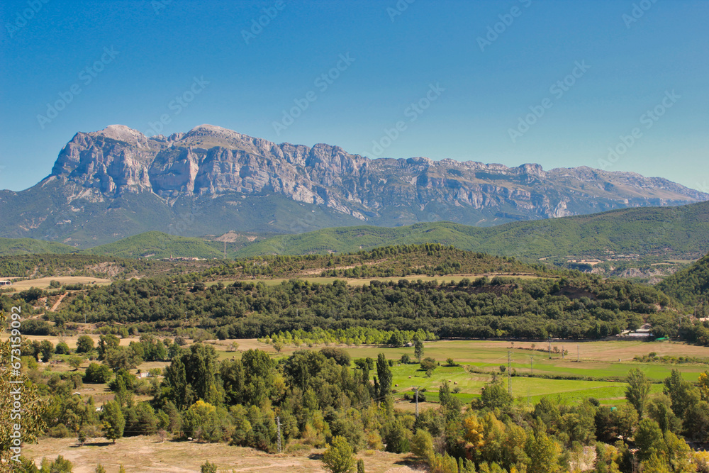 View of the Peña Montañesa from Aínsa. It is an emblematic mountain in the Sobrarbe region (Huesca) of more than 2,000 m altitude.