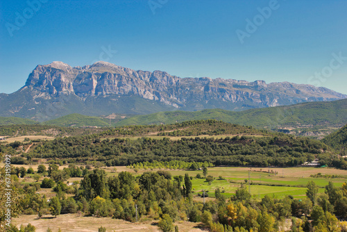 View of the Peña Montañesa from Aínsa. It is an emblematic mountain in the Sobrarbe region (Huesca) of more than 2,000 m altitude. photo