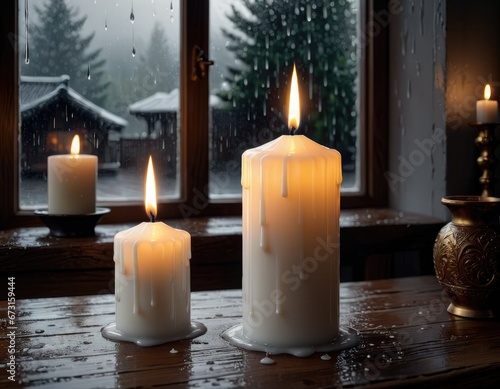Candles on wet wooden table in damp room near the window to demostrate warmth and light on cold lonely winter evenings photo
