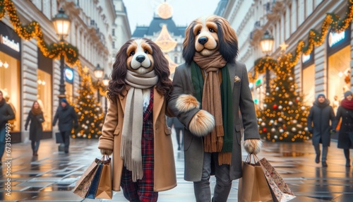 Anthropomorphic Spaniel couple strolling hand in hand through a Christmas decorated Vienna city street dressed in cozy winter attires