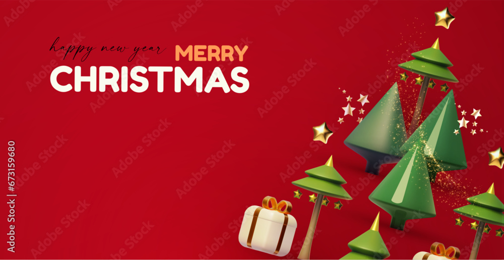 Merry Christmas and Happy New Year design template with gift box, gold snowflakes and gift box. Happy holidays. Special season offer.