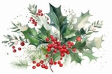 Festive watercolor arrangement of Christmas bouquet with holly, berries, and leaves on a white background. Generative AI