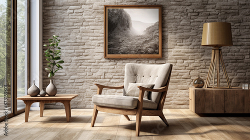 rustic living room with an armchair and a painting on the wall