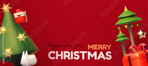 Merry Christmas and Happy New Year design template with gift box, snowflake, white rabbit and Santa Claus. Happy holidays. Special season offer.