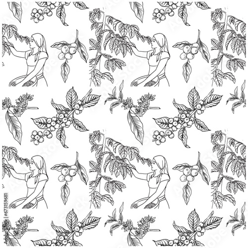Pattern seamless of coffee tree ink drawing sketch for poster, fabric, cover, label packaging, name card, post card, brochure. Coffee pattern