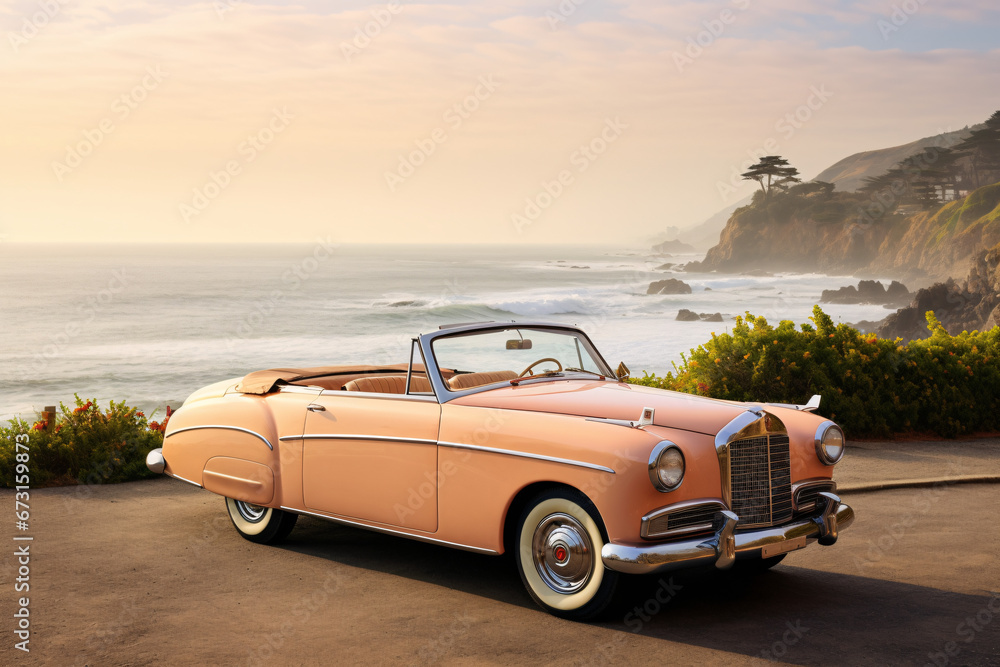 Classic vintage convertible car in pastel peachy tones parked by the seaside at sunset. Apricot Crush color trend. Design for travel agency promotions, poster, or banner with copy space for text