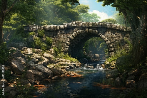 A vintage-inspired artwork depicting a picturesque stone bridge spanning across a serene river. Generative AI