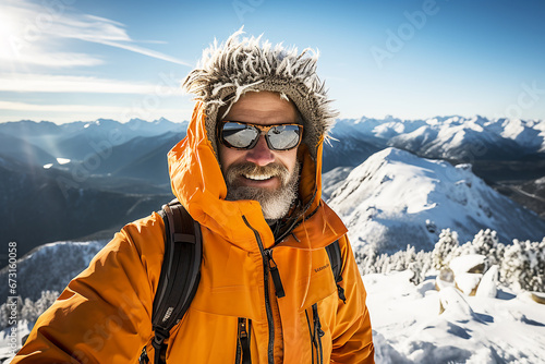 Man in ski suit in winter in the mountains traveling and doing sports, active lifestyle concept