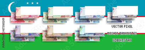 Vector set of pixel mosaic banknotes of Uzbekistan. Collection of bills in denominations of 2000, 5000, 10000, 20000, 50000, 100000 and 200000 sum. Play money or flyers.