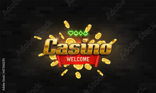 Shining sign Casino with golden coins. Vector illustration.