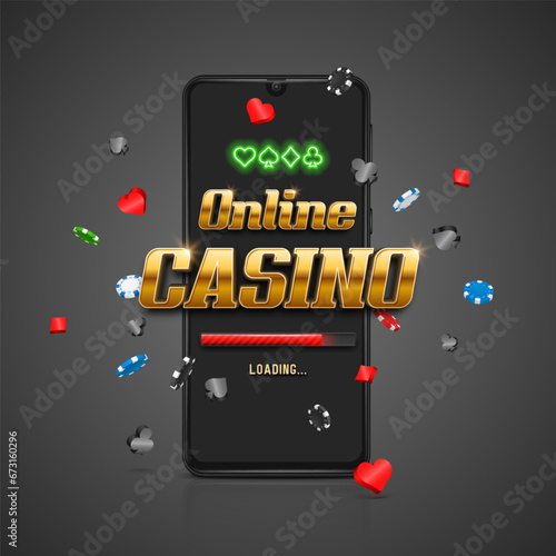 Banner Online Casino with smartphone and chips. Vector illustration.
