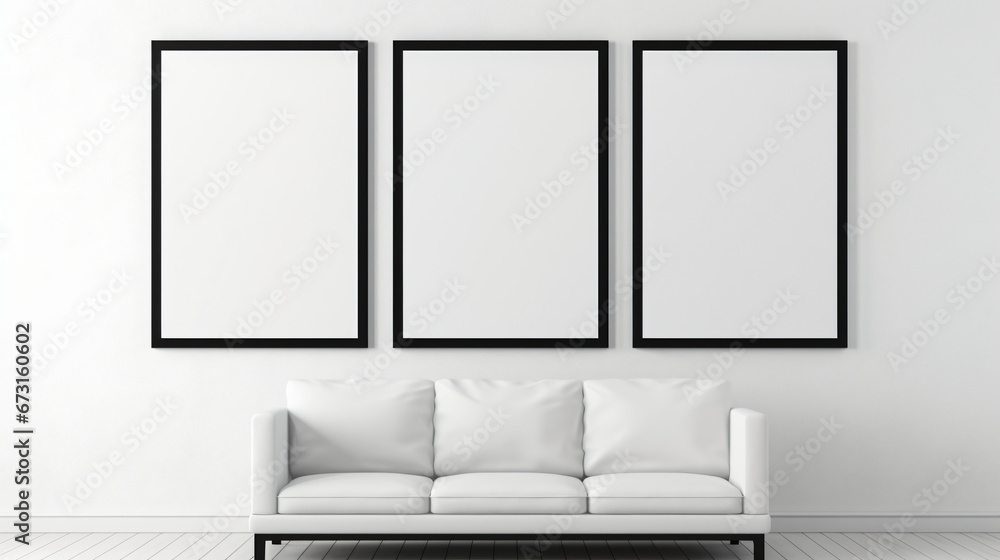 Blank Empty Triptych Frames On Wall In Art Gallery Mockup - obrazy, fototapety, plakaty 