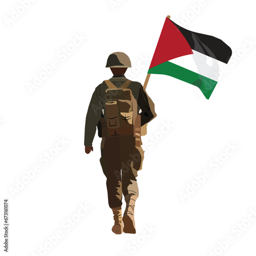 A vector of walking soldier with Palestinian flag on white background. Free Palestine concept.