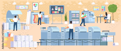 Polygraphy industry with various type of printing machine vector illustration