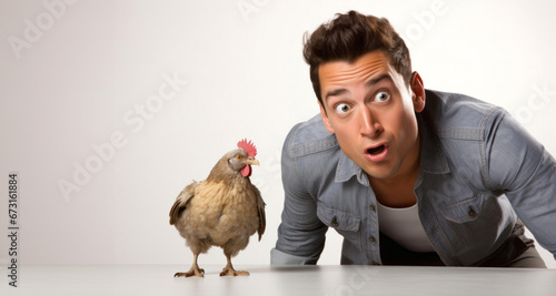 Joven hombre sorprendido mirando en frente con al lado una gallina photo