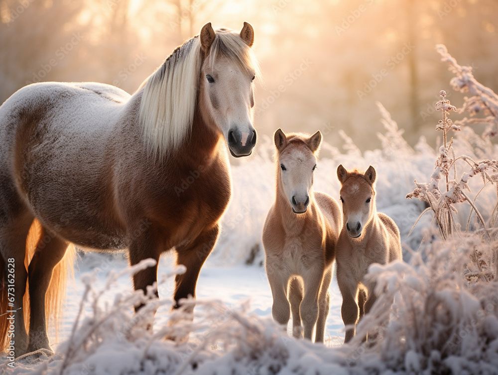 Obraz premium A Photo of a Horse and Her Babies in a Winter Setting