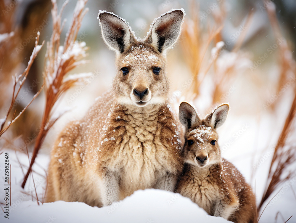 Fototapeta premium A Photo of a Kangaroo and Her Babies in a Winter Setting