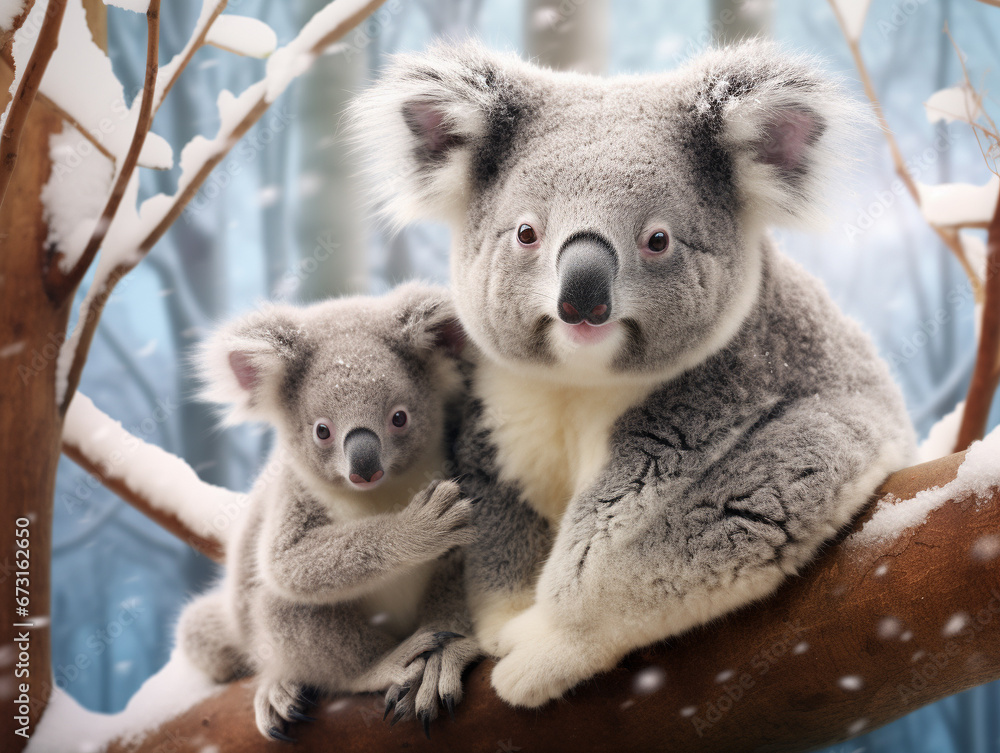 Fototapeta premium A Photo of a Koala and Her Babies in a Winter Setting