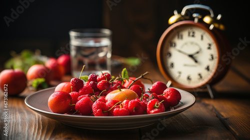 Intermittent Fasting Concept Theme of Fruits With Alarm Clock Background photo